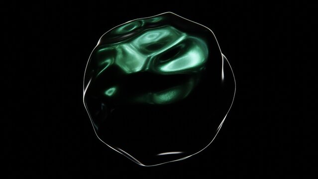 Abstract 3D liquid fluid illuminated shape oil blob bubble sphere chemical futuristic metallic chrome element gem emerald green gradient monochrome 4K computer graphics rendred wallpaper background