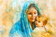 a painting of a woman holding a baby in her arms and smiling at the camera with a blue shawl on her head