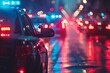 a car is parked on a wet street at night time with lights on and a blurry background of cars