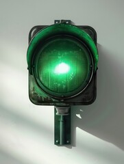 green traffic light isolated on a light neutral background