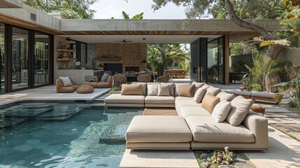 Family revels in a garden party at a contemporary retreat with aquatic touches, light furniture, and soothing ambiance.