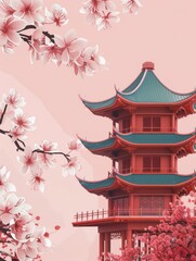 Canvas Print - cherry blossom minimal illustration with landscape in the background