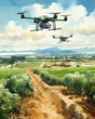 A drone flies over a lush green field, spraying water on the crops below