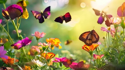 Poster - Group of Butterflies Soaring Above Colorful Field of Flowers in Natures Dance, A beautiful butterfly garden with flowers in full bloom and butterflies fluttering about