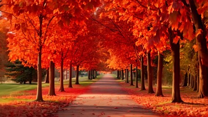 Poster - Experience the beauty of autumn on a picturesque road enveloped with vibrant fall foliage, A beautiful maple tree avenue glowing fiery red in an autumn park