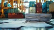 © Nigar - Pile of Shipping Documents at PortDescription: Stack of trade documents with shipping containers backdrop.