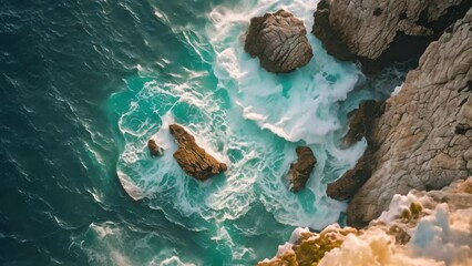 Wall Mural - Panoramic Ocean View From Elevated Perspective, A bird's eye view of turquoise sea waves crashing against enormous rocks