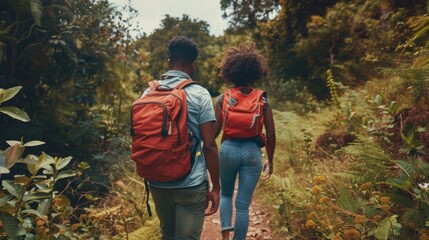 Sticker - A Couple Trekking Through Forest