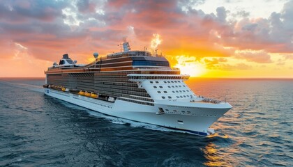 Wall Mural - A cruise boat on water at sunset, under a colorful sky