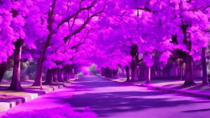 Poster - A vibrant street lined with numerous trees showcasing a profusion of stunning purple flowers, A boulevard lined with jacaranda flowering trees in a city park