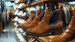 Stylish Brown Suede Women's Boots Displayed Up Close in a Store. Concept Women's Fashion, Footwear Display, Suede Boots, Store Showcase, Fashion Trend