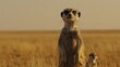   A meerkat stands on hind legs, central to open field Two meerkats behind