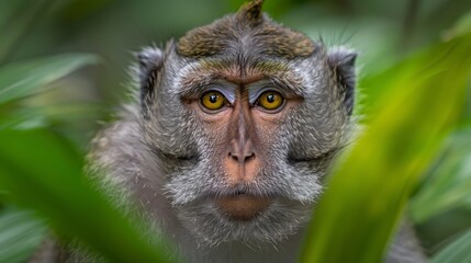 Wall Mural -   A tight shot of a monkey's face with a green leaf near, background softly blurred