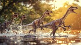 Fototapeta  - AI-generated majestic dinosaurs in a prehistoric landscape. Raptor. Vivid colors and intricate details bring these ancient creatures to life. The concept of time when dinosaurs ruled the Earth.
