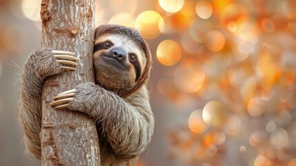 Wall Mural -   A three-toed sloth rests on a tree in front of a backdrop of blurred lights