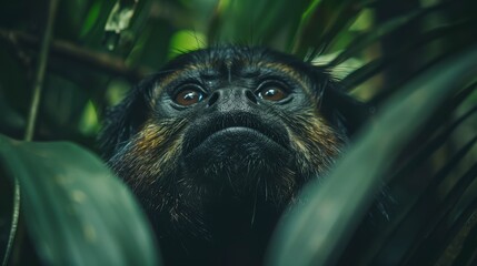 Wall Mural -   A monkey's face, peering closely from jungle tree leaves