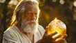   A man with a long white beard holds a crystal ball in his right hand and a radiant orb in his left