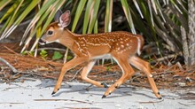   A Small Deer Runs Through A Sandy Area, Palm Trees Line The Background