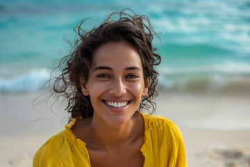 carefree african american woman laughing on beach, happy, enjoying summer. beautiful portrait of