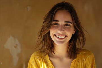 Wall Mural - cheerful happy smiling young woman wearing a yellow blouse