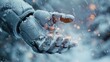 White snow falling on the metal robot's hand. Real robot's hand on winter landscape. Concepts of AI development and robotic process automation.