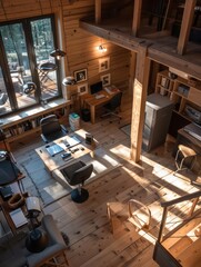 Canvas Print - modern wooden interior home open space office view from above