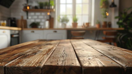 photo of the surface of a rough wooden brown table against the background of a kitchen in a country house