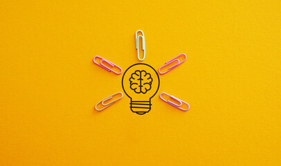 Poster - Creative thinking ideas brain innovation concept. Light bulb on yellow background as metaphor of inspiration