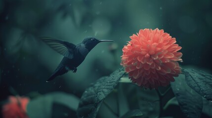 Wall Mural -   A hummingbird hovers by a red flower in a green, blurred image during the rain