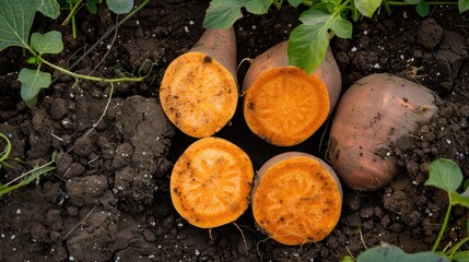 Wall Mural - Sweet potatoes on the ground in the vegetable garden.