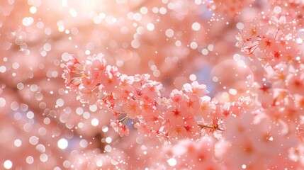 Wall Mural -   A tight shot of pink blossoms on a tree branch, adorned with water beads Blue sky backdrop