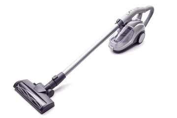 Wall Mural - A corded stick vacuum cleaner with a swivel steering mechanism and removable floor nozzle for easy maneuvering isolated on a solid white background.