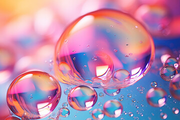 Aufkleber - Pink holographic bubbles floating on the soft colorful abstract background in beautiful vivid tones.