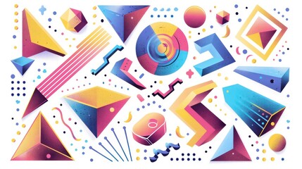 colorful geometric abstract illustration with polygon motion graphic elements in memphis style on a white background