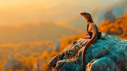 Wall Mural -   A lizard atop a mountain rock, sunset behind