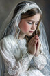 A praying girl in a white First Communion outfit. AI generative.