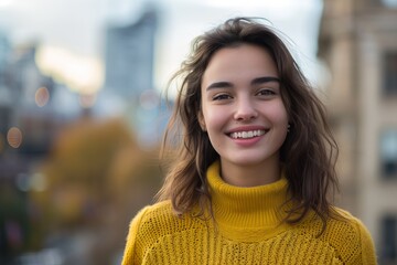 Wall Mural - smiling young woman in a yellow sweater urban cityscape