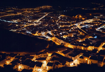 Wall Mural - 'aerial Real night Andalusia Ca?ete town Spain Malaga province view Ca?ete Travel City Architecture Night Buildings Europe Castle Spain Tourism Medieval Illumination Archeology Facade Andalusia'