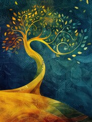 Wall Mural - tree stylized illustration with a whimsical and curved design in vibrant yellow and deep blue background