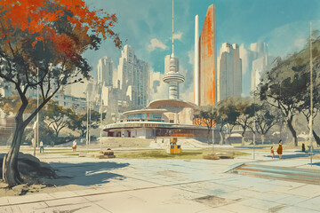 Poster - Retrofuturistic landscape in mid-century sci-fi style. Retro science fiction scene with futuristic city buildings.