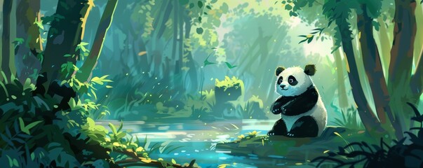 Poster - Panda sitting by a serene forest pond