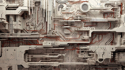 Poster - Background with metallic panels texture, wires and circuit. Spaceship hull wall technology background.