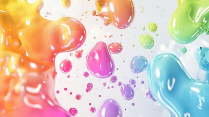 Wall Mural - 3D background rendering of colorful liquid drops in a glossy and shiny material, illuminated in a white studio with abstract elements flying and shadows, creating a frame for product advertising.