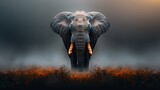 Fototapeta  -   An elephant, its tusks curved, stands before a field of tall grass Beyond, a foggy sky engulfs the setting sun