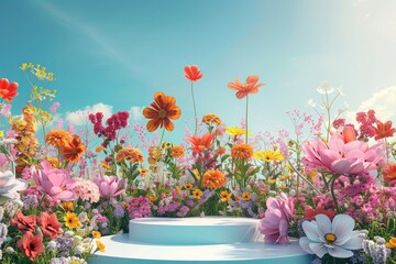 Wall Mural - A beautiful field of flowers with a white pedestal in the middle