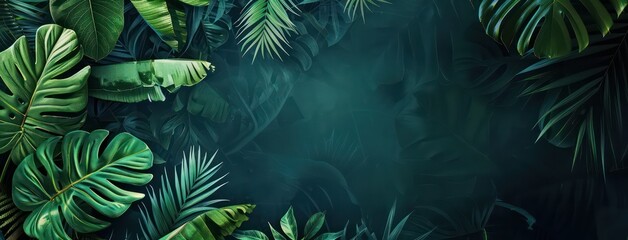 lush green tropical leaves border illustration with free space and a deep green background