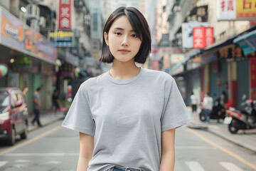 Sticker - Stylish T-Shirt Mockup on Young Woman