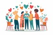 A group of people are standing together, smiling and talking to each other with hearts floating around them. Ai generated