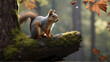 Curious Squirrel Perched on Tree Branch in Woodland, Generative AI