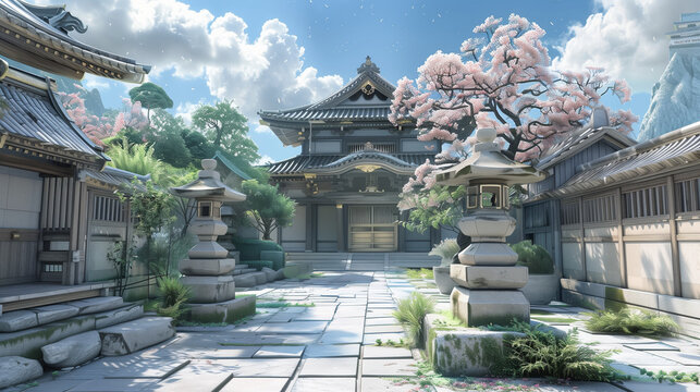 Japanese temple courtyard Cherry blossoms, white clouds and traditional stone lanterns in the style of Japanese art anime comics. cozy lofi asian architecture. 16:9 resolution. Generative Ai